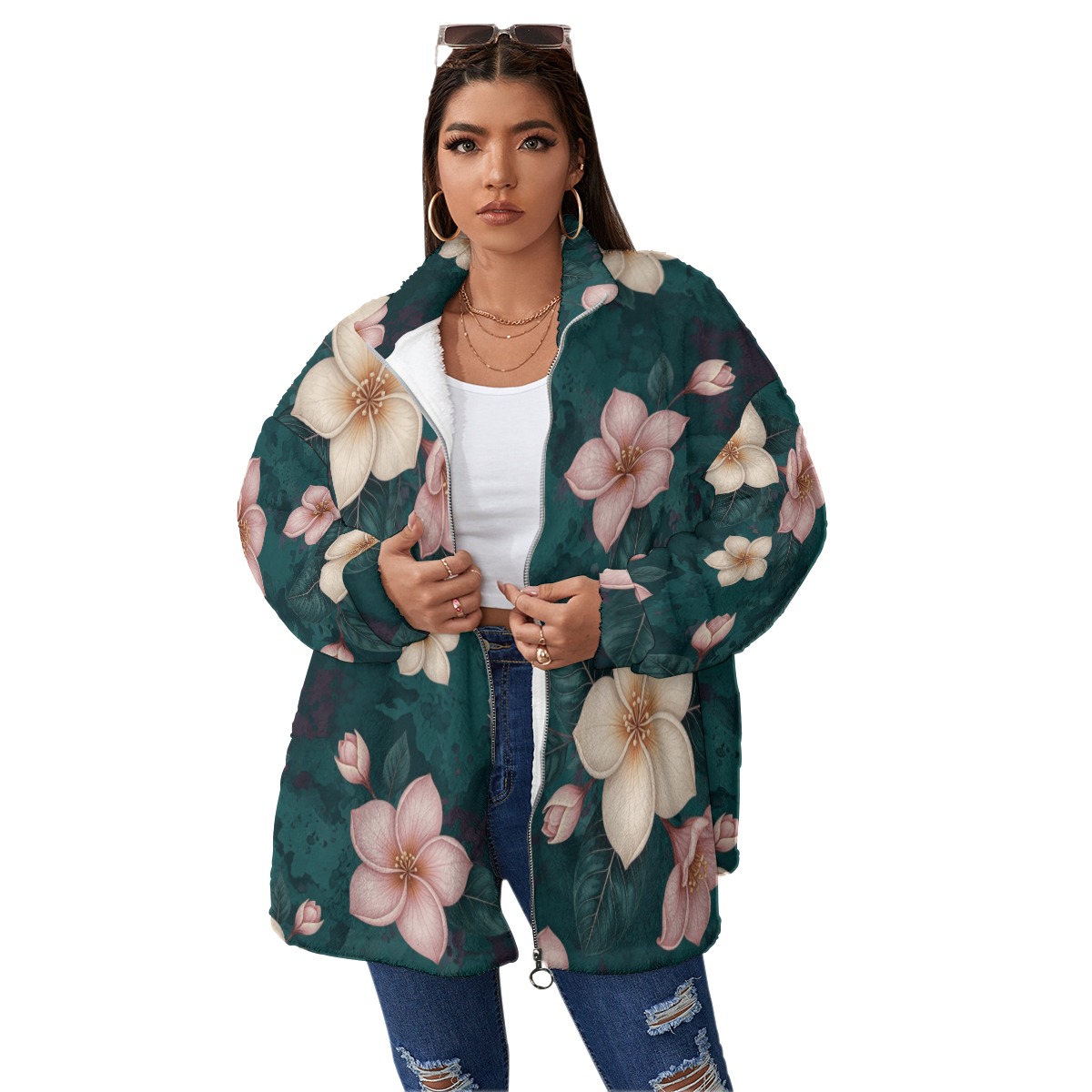 All-Over Print Unisex Borg Fleece Stand-up Collar Coat With Zipper Closure(Plus Size) (PAK65)
